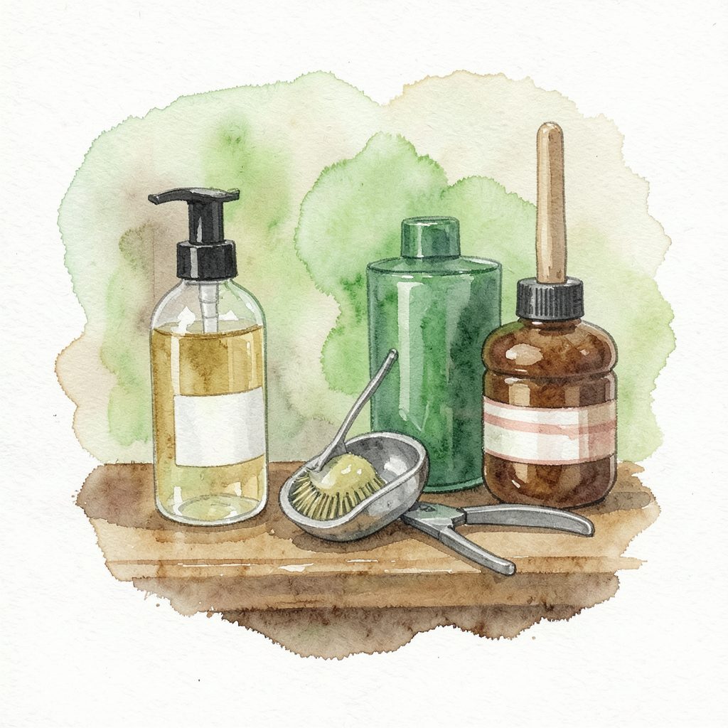 A soft watercolour painting of grooming essentials in earthy greens and warm browns, with a barber-shop feel — subtle stripes, a hint of sandalwood tones, and a clean, masculine palette.