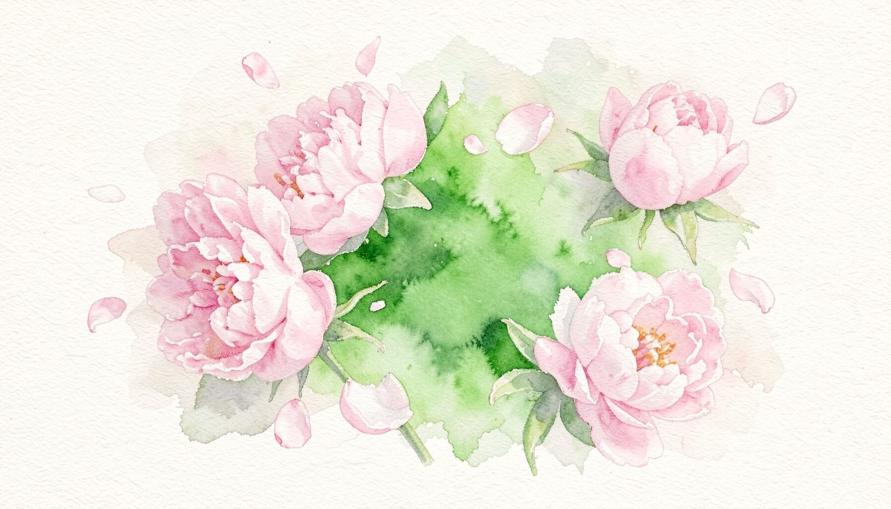 Soft watercolour painting of delicate pink and white peonies with scattered petals on a pale cream background, evoking a fresh floral fragrance mood.