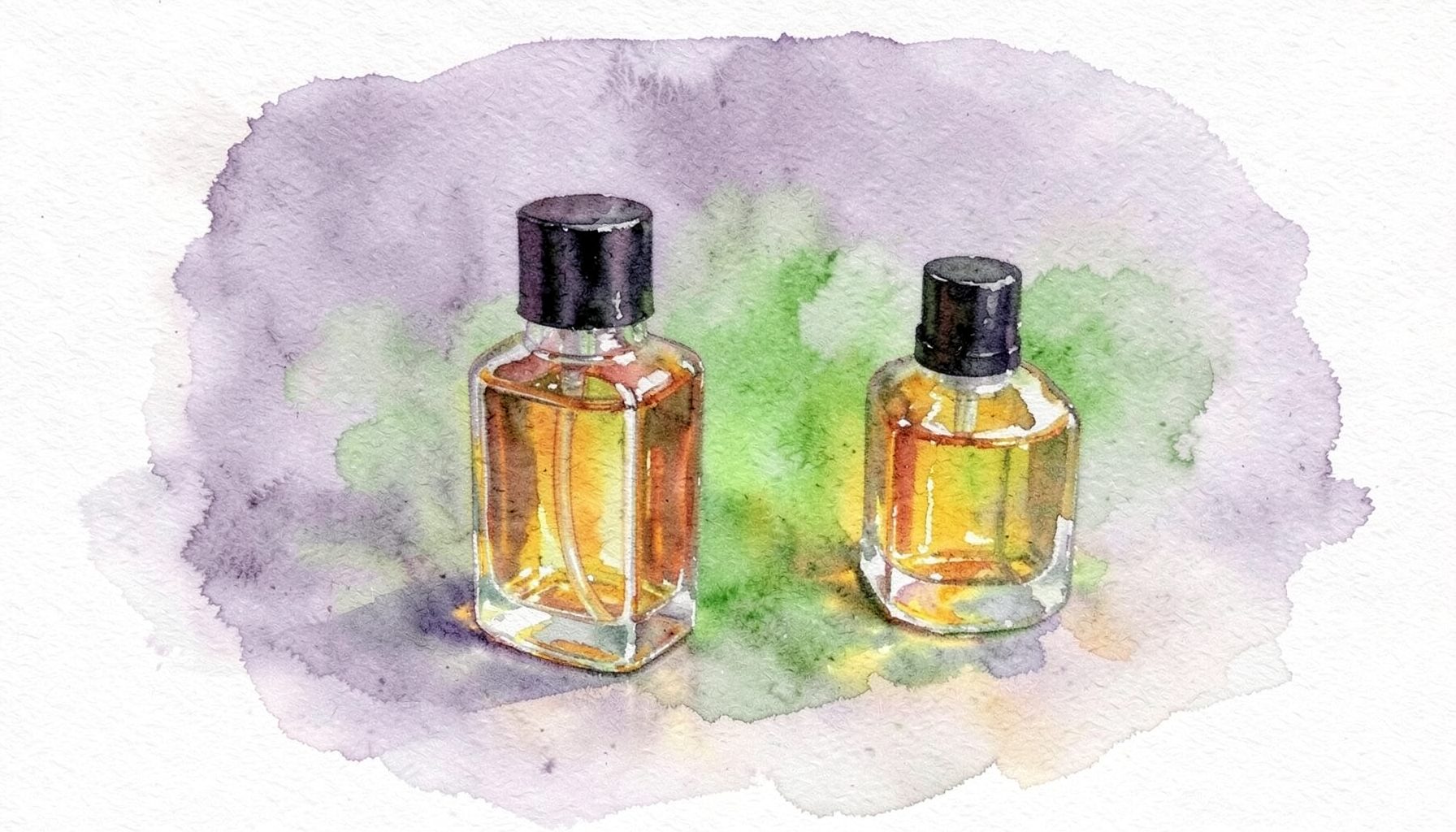 Soft watercolour of amber glass perfume bottles with dark caps arranged on a muted lavender and sage green wash, gentle light catching the glass