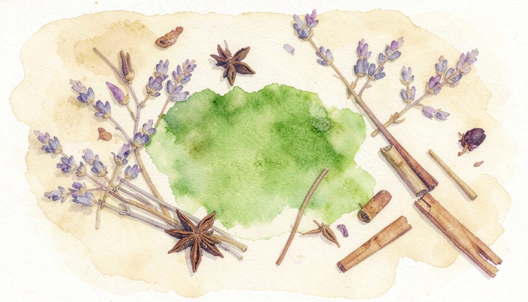 Soft watercolour of scattered dried botanicals — lavender sprigs, star anise, and cinnamon bark — on a warm cream background with muted olive and plum accents
