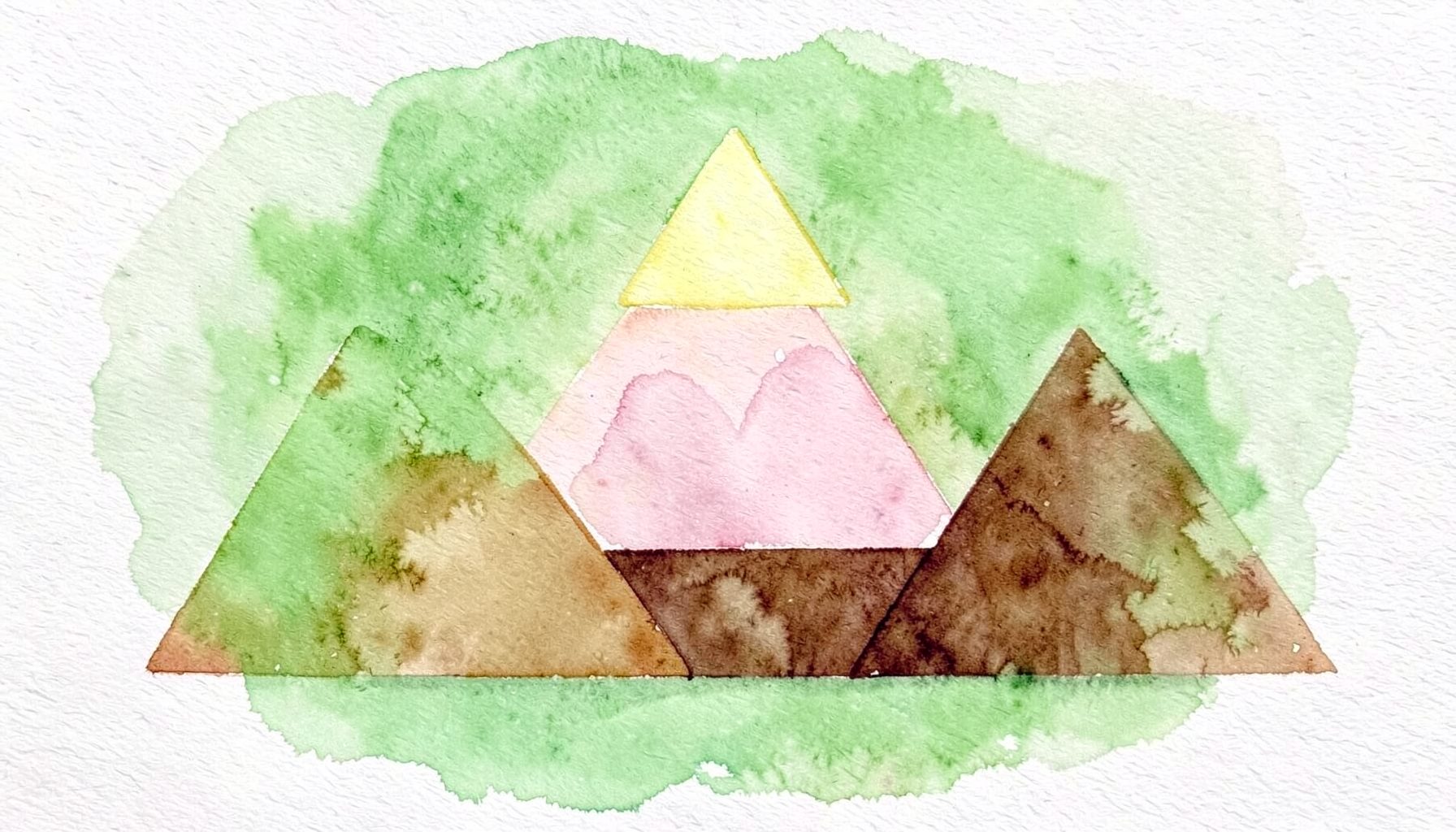 Watercolour painting of layered fragrance note pyramids — top notes in pale yellow, heart notes in soft rose, and base notes in deep amber brown, arranged as gentle overlapping triangles on textured paper.