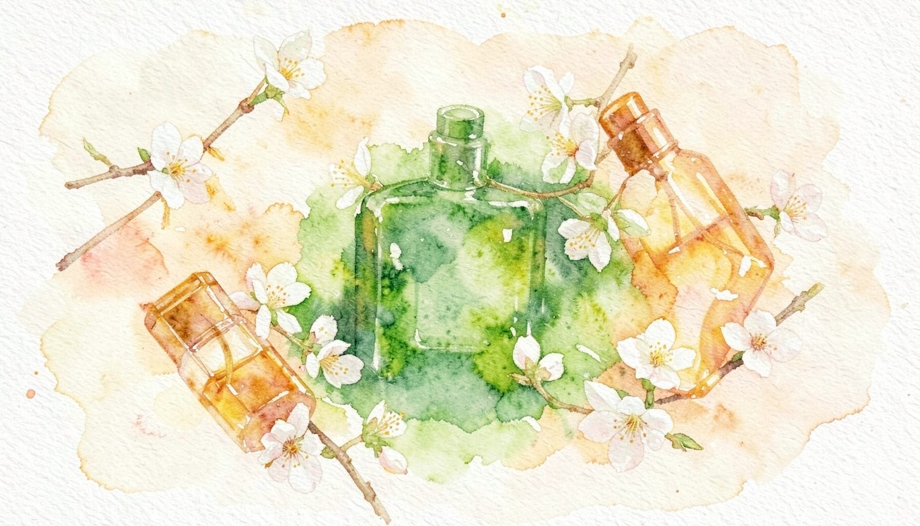 Soft watercolour painting of amber glass perfume bottles and delicate white blossoms scattered across a pale cream surface, warm golden and blush tones