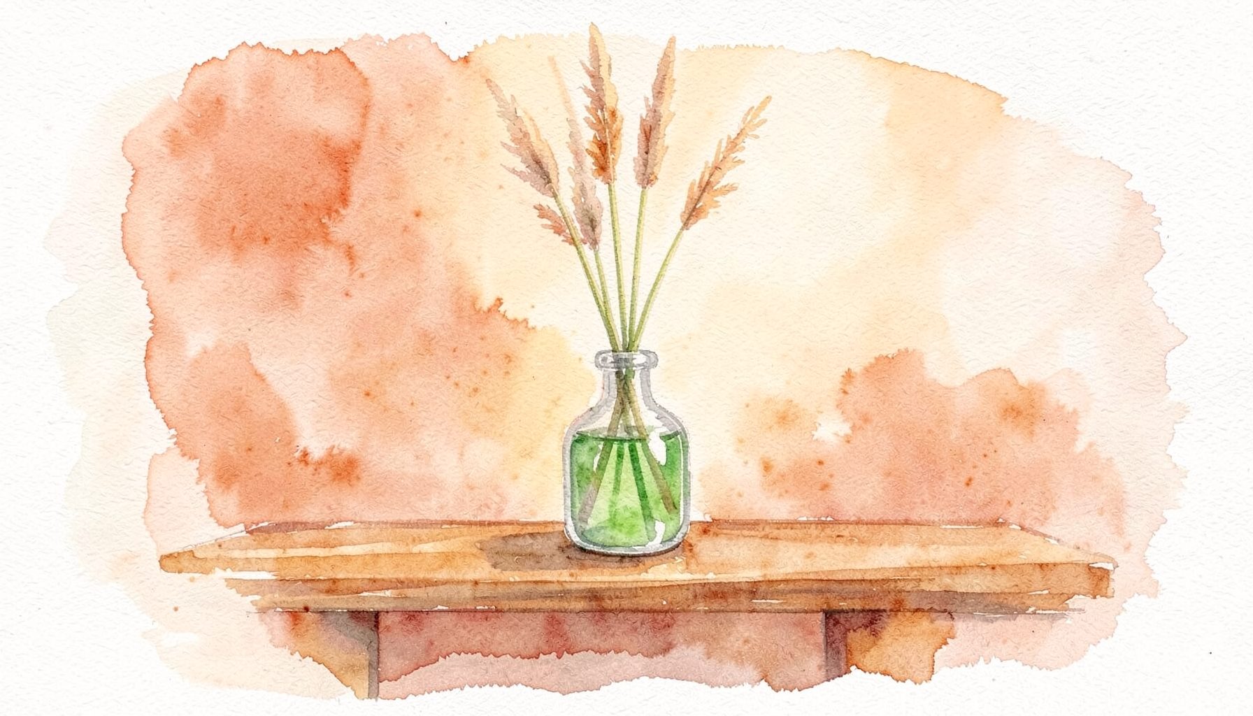 Watercolour of a slender reed diffuser on a wooden shelf, warm terracotta and cream tones, soft afternoon light