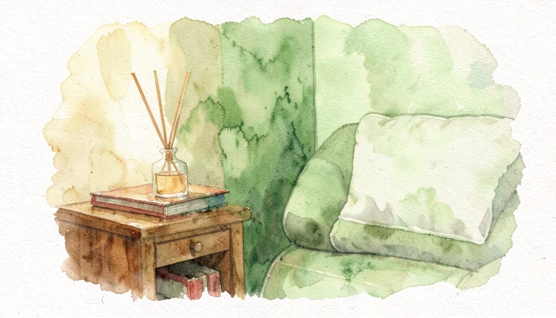 Soft watercolour painting of a cosy living room corner with a reed diffuser on a side table, warm amber and sage green tones, gentle diffused light