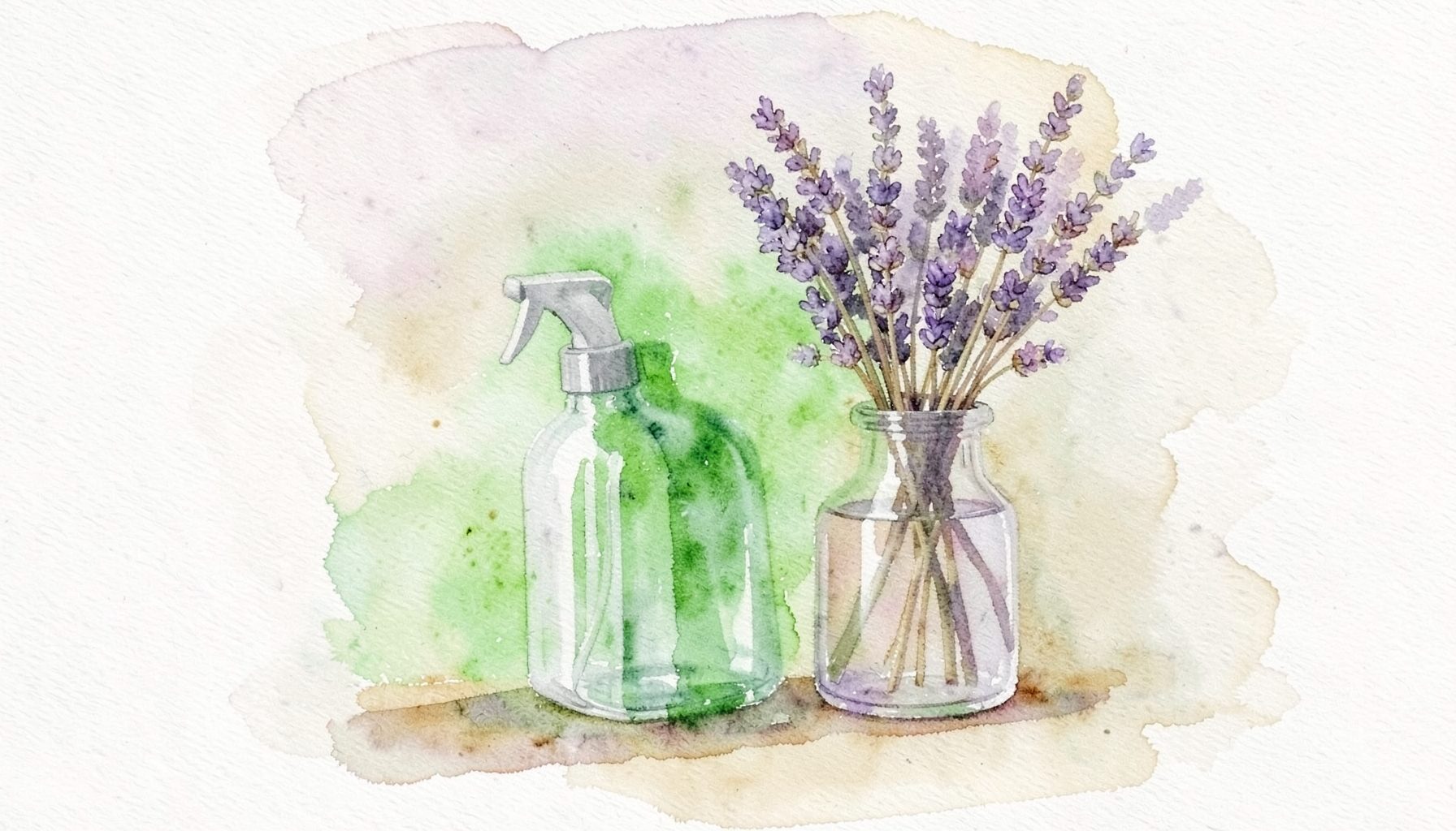 Watercolour still life of a glass room-spray bottle beside a vase of dried lavender, soft purple and muted gold tones