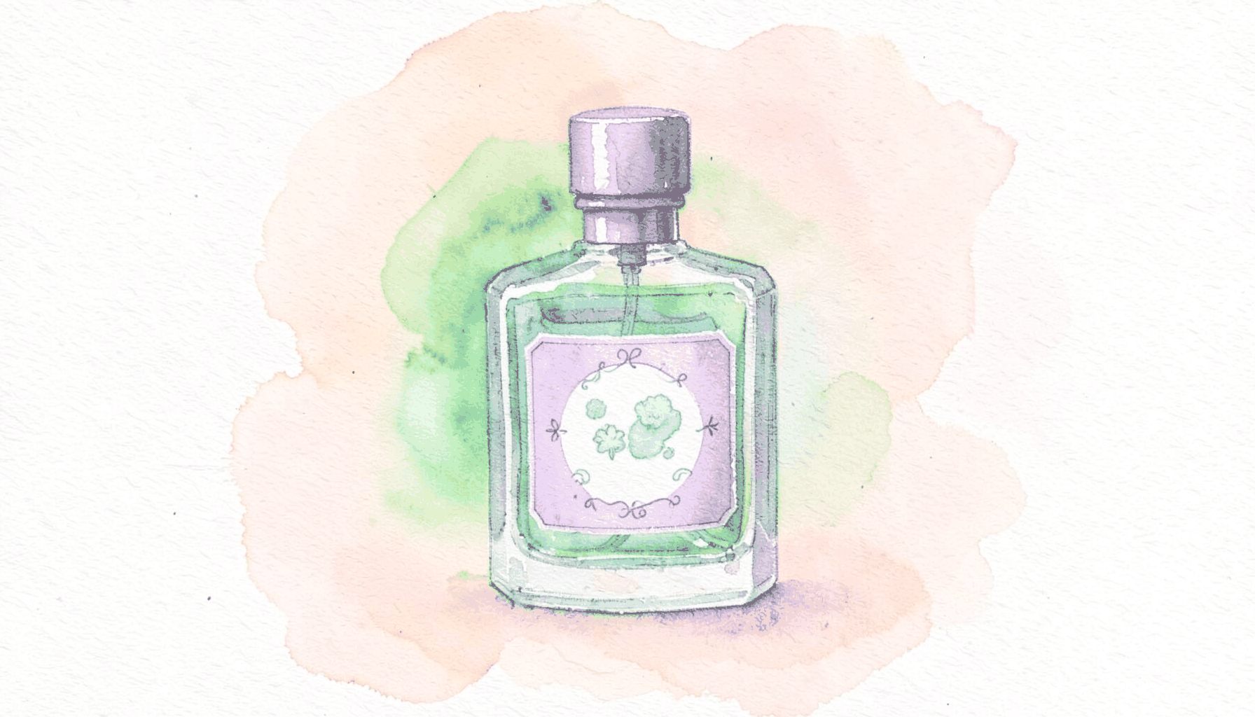 Watercolour of a single perfume bottle with a whimsical label in lavender and mint green, set against a soft blush background