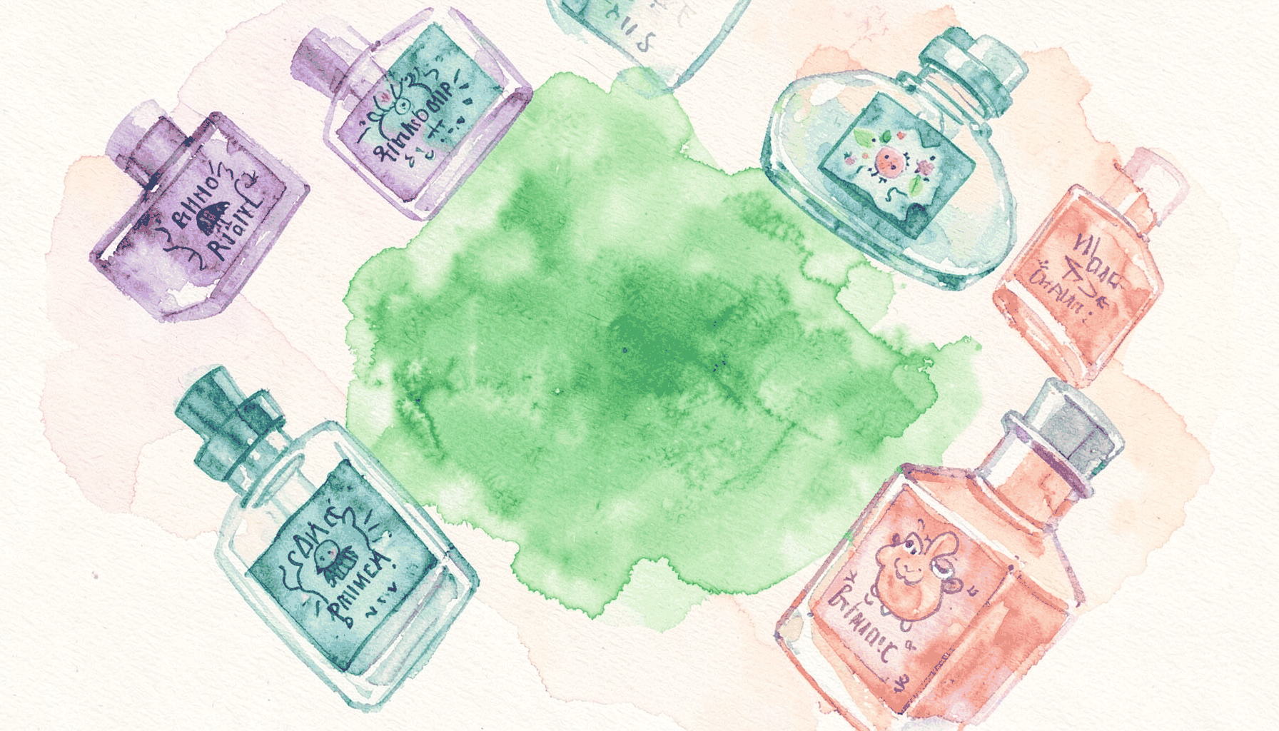 Watercolour illustration of colourful perfume oil bottles with playful, whimsical labels in shades of violet, teal, and coral, scattered across a soft cream background