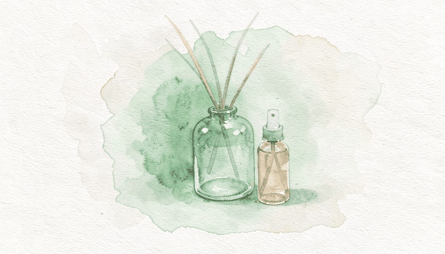 Watercolour of a reed diffuser and a small spray bottle in soft sage green and warm ochre, on a pale linen-textured background